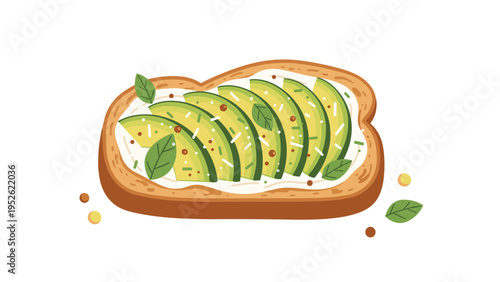 Healthy avocado toast topped with fresh slices of avocado, herbs, seeds, and spices on a piece of whole grain bread.