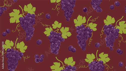 Rich seamless pattern of purple grape clusters with green leaves and curly vines on a dark burgundy background.