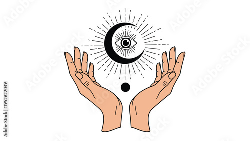 Esoteric mystical symbol featuring two hands cradling a crescent moon with an all-seeing eye and radiating light rays on white.