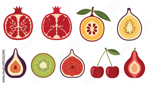 Assorted fruit halves including pomegranate, fig, kiwi, and cherry are displayed in a colorful flat lay illustration for health.