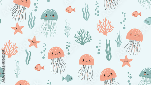 Seamless underwater pattern features cute colorful jellyfish, starfish, and coral on a light blue background for nursery decor.
