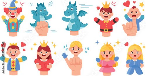 Hand puppets characters vector set with clown, dragon, king, princess and emotions storytelling toys cartoon illustration collection