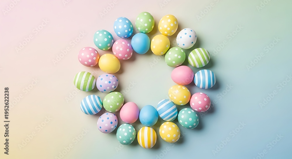 Fototapeta premium A colorful Easter wreath made of decorated eggs on a pastel background
