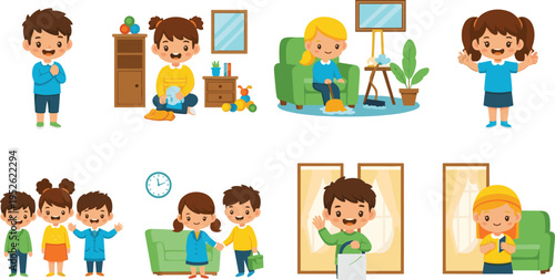 Kids daily routine activities vector set with cleaning, playing, organizing toys, helping at home and family lifestyle scenes cartoon illustration