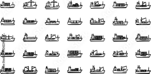 Collection of 49 Hand-Drawn Cargo Ships and Container Vessels on White Background