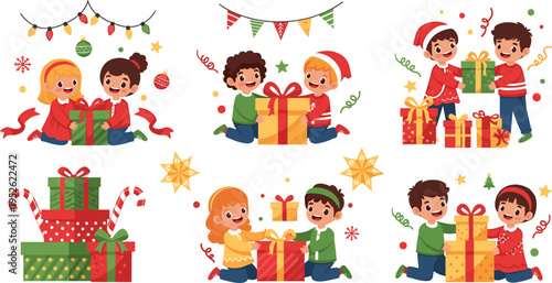 Kids opening Christmas gifts vector set with happy children, presents, holiday decorations and festive winter celebration cartoon illustration