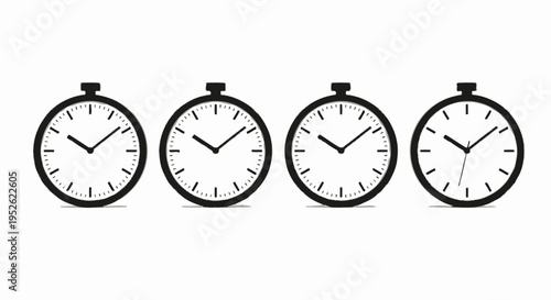 minimalist vector clock and stopwatch icons in a row illustrating varying times for concepts of schedule deadline and time management.