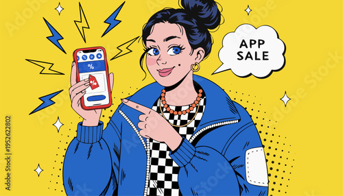 Trendy Young Woman Pointing at Smartphone with App Sale Speech Bubble Pop Art Vector Illustration for E-commerce Marketing and Digital Discount Promotions