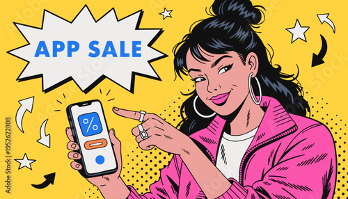 Trendy Young Woman Pointing at Smartphone with App Sale Speech Bubble Pop Art Vector Illustration for E-commerce Marketing and Digital Discount Promotions