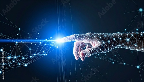 Finger touching glowing digital node on futuristic network grid