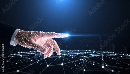 Finger touching glowing digital node on futuristic network grid