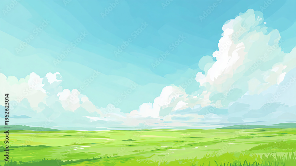 Naklejka premium 広大な草原と青空に浮かぶ雲の爽やかな風景イラスト