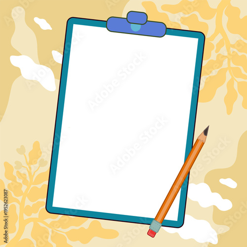 Paper sheets with text laying on bright colored background. Pencil draws main message. Notebook contains important information. Empty Space For Advertising.