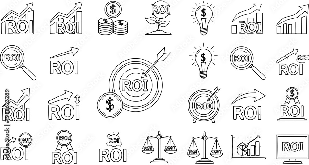 Obraz premium Hand-Drawn ROI Icons: Return on Investment, Growth, and Financial Strategy