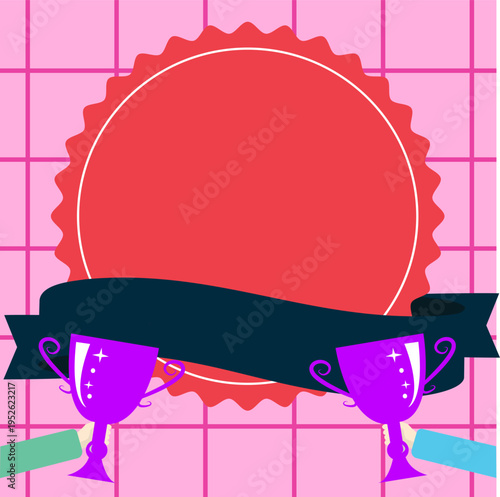 Winner cup on bright colored background. Whiteboard with important information. White text holder behind object contains main message. Empty speech bubble.