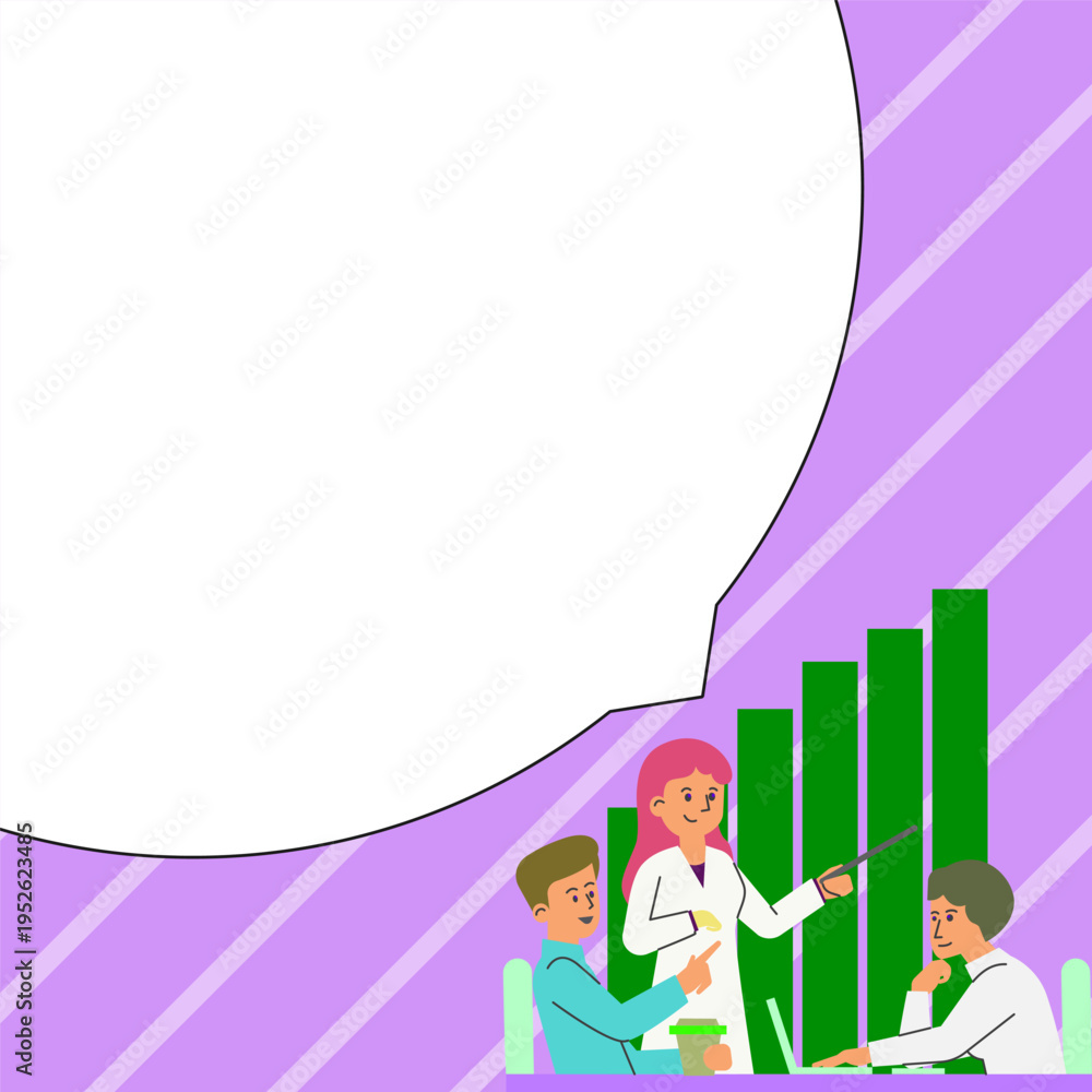 Fototapeta premium People sitting at table discussing latest news. White dialogue bubble contains important information. Empty big whiteboard for text on bright colored background.