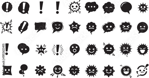 a collection of black and white emoticon and speech bubbles icons on a transparent background isolated on transparent background, Vector, illustration