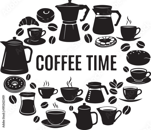 a black and white image of coffee time isolated on transparent background, Vector, illustration