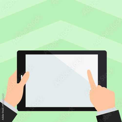 Two hands holding tablet with Critical Announcements. Important information on the screen. Blank space for text. Empty box to presentation. Bright colored background.