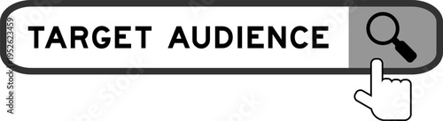 Search banner in word target audience with hand over magnifier icon on white background