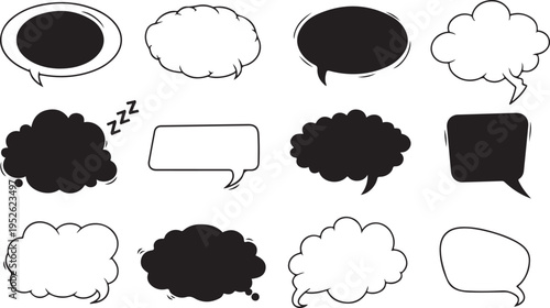 a set of black and white zzz speech bubbles isolated on transparent background, Vector, illustration
