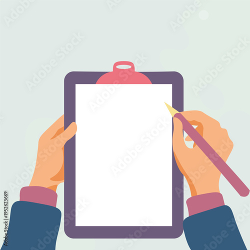 Illustration with hands holdings paper and pencil writing text. Brand nes infromation. Empty Space for important information. Notes contain main message, agenda.