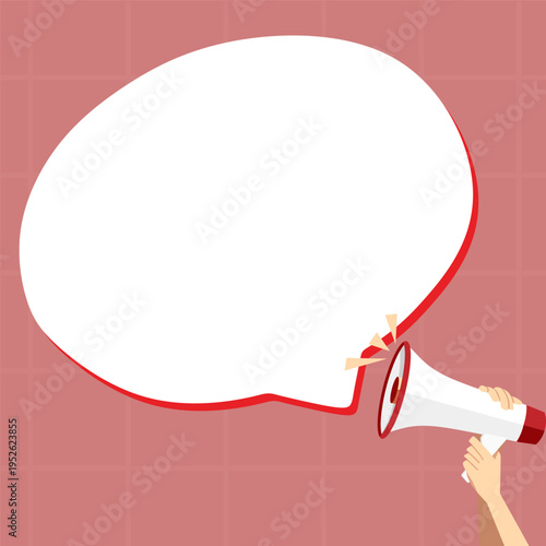 Hand Holding Megaphone Voice Device With Speech Balloon Presenting Fresh And Important News Messages. Bullhorn Drawing With Conversation Bubble Showing New Announcement.