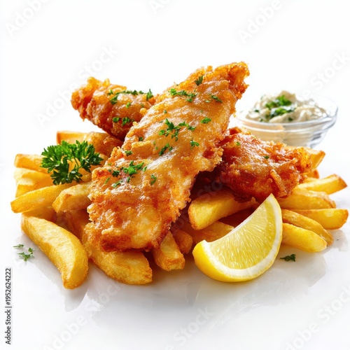 Classic crispy golden beer-battered fish and chips served with a side of creamy tartar sauce, fresh lemon wedge, and herbs, isolated on a clean white background