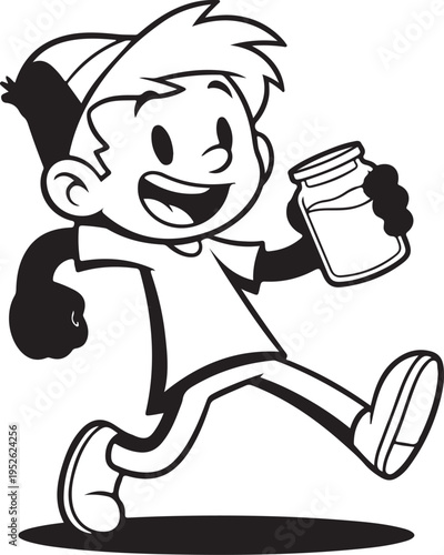 a cartoon boy running with a jar of milk isolated on transparent background, Vector, illustration
