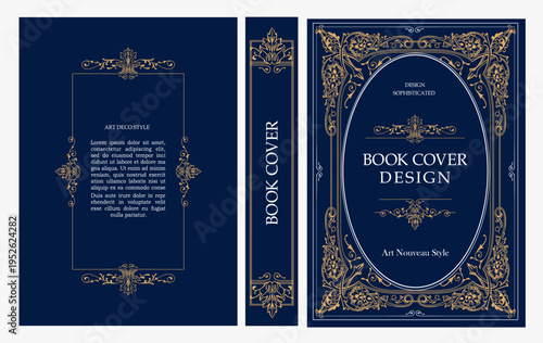 Classic vintage book cover and spine design with Art Deco, Baroque, Art Nouveau and Victorian ornaments. Elegant decorative frame, luxurious retro style for publications, posters and artistic layouts
