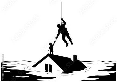 Minimalist black silhouette illustration of a flood rescue scene, depicting a person being lifted from a submerged house, ideal for awareness campaigns, posters, and emergency materials.