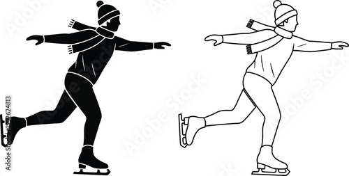 Person Ice Skating Silhouette and Outline Icon Vector