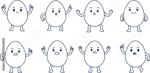 a group of cartoon eggs with different facial expressions isolated on transparent background, Vector, illustration