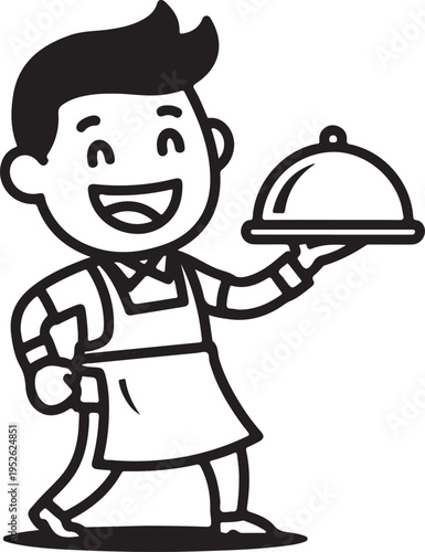 a cartoon waiter holding a covered dish isolated on transparent background, Vector, illustration