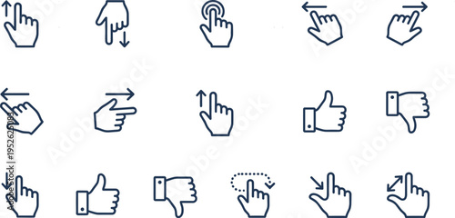 Professional Touch Screen Hand Gestures Icon Set Featuring Swipe Tap Scroll Zoom In Zoom Out and Interactive Interface Navigation Silhouettes