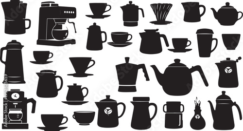 Coffee maker silhouettes, 25 cafe vector icons isolated on Transparent Background