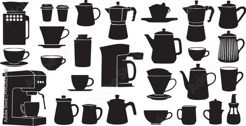 collection of coffee and tea utensils and appliances isolated on transparent background, Vector, illustration