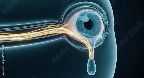 Stylized digital rendering of a human eye with prominent glowing nerves and a tear, symbolizing pain, sadness, or neurological processes.