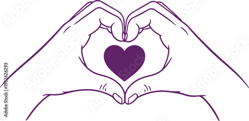 Purple heart hand gesture, line art hands vector isolated on Transparent Background