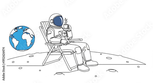 Astronaut Relaxing in Beach Chair on Moon Surface Drinking Coffee with Earth View - Space Tourism and Work Life Balance Concept Illustration