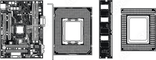 Detailed black silhouette of computer hardware components including motherboard, processor CPU, ram memory module, and socket for high tech computing