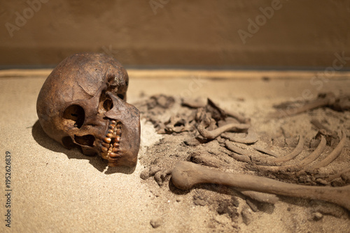 Photos Old human skeleton in ancient tomb at archaeological excavation.