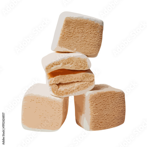 A close-up view of a pile of light brown sugar cubes on a white background isolated on white background, Vector