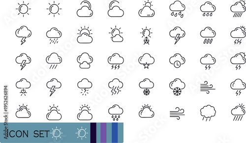 Print Universal Weather Forecast and Meteorology Line Icon Set Featuring Diverse Sun Rain Storm and Climate Symbols for Mobile App and Digital Interface Design