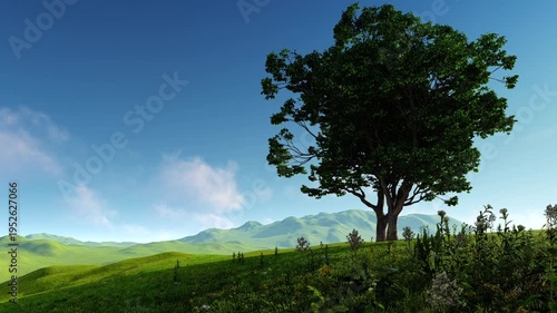 A lone tree on a hilltop. Illustration on the theme of nature and ecology, climate, and landscapes.