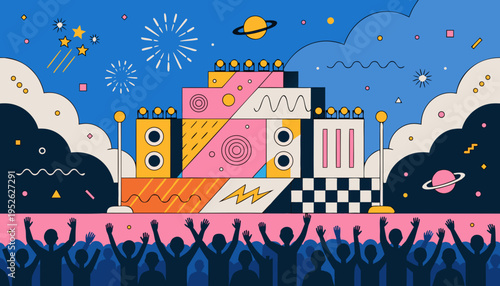 A cartoon vector illustration of a festive night city landscape featuring snowy houses and decorated trees under a winter sky for a Christmas holiday celebration card design