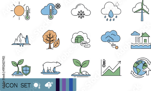 Print Flat Line Ecology and Climate Crisis Icon Set Featuring Global Warming Melting Glaciers Polar Bears and Renewable Energy Symbols for Environmental Sustainability Projects