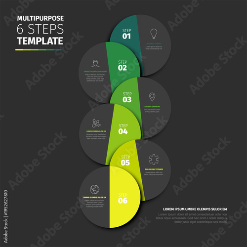 This infographic template features 6 steps arranged in a circular design on a dark background. Each step in the template includes icons and text areas for clear data presentation.