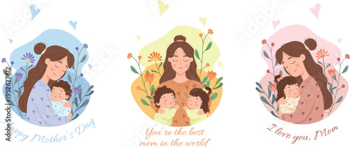 A set of mother's day illustrations with text. Stickers for mother's day. A cute cartoon mother hugging her children with flowers and hearts. Pastel colors