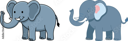 Set of cute cartoon elephant illustrations in flat vector style, featuring two friendly blue elephants with simple shapes and soft colors, isolated on a light background